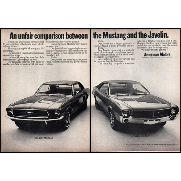1968 AMC American Motors Javelin vs Ford Mustang Hardtop 2 Page Vintage Print Ad - Picture 1 of 3